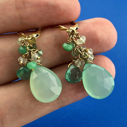 India Sterling Silver Vermeil Green Blue Opalescent Beads Drop Dangle Earrings