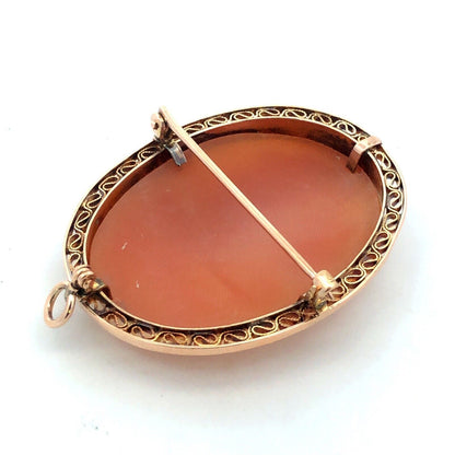 Vintage 10K Yellow Gold Oval Carved Brown Cameo Filigree Brooch Pendant