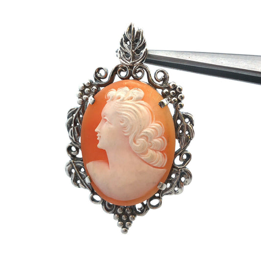 Estate Kabana 925 Sterling Silver Oval Cameo Vines And Grapes Statement Pendant
