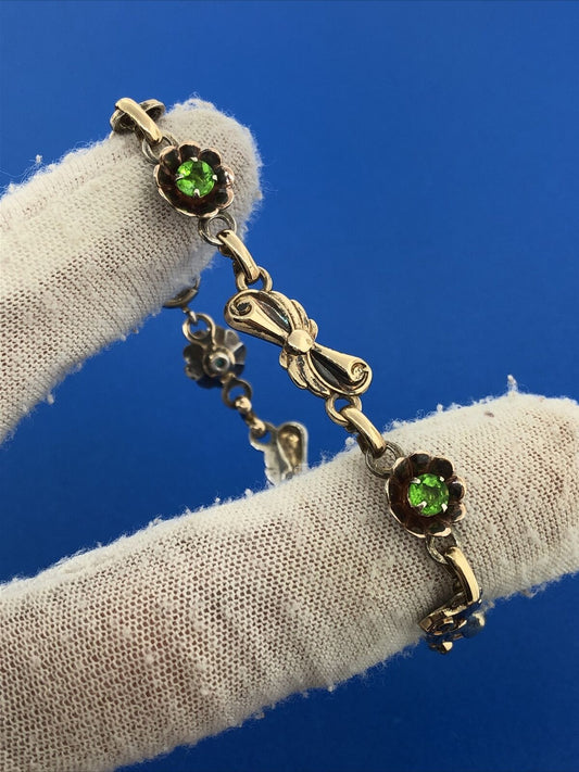 Vintage Designer Harry Iskin Gold Filled Green Rhinestone Floral Tennis Bracelet