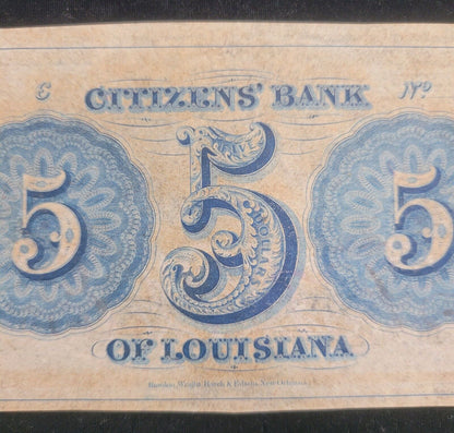 1800s $5 Citizens' Bank of Louisiana, New Orleans Obsolete Currency Bank Note