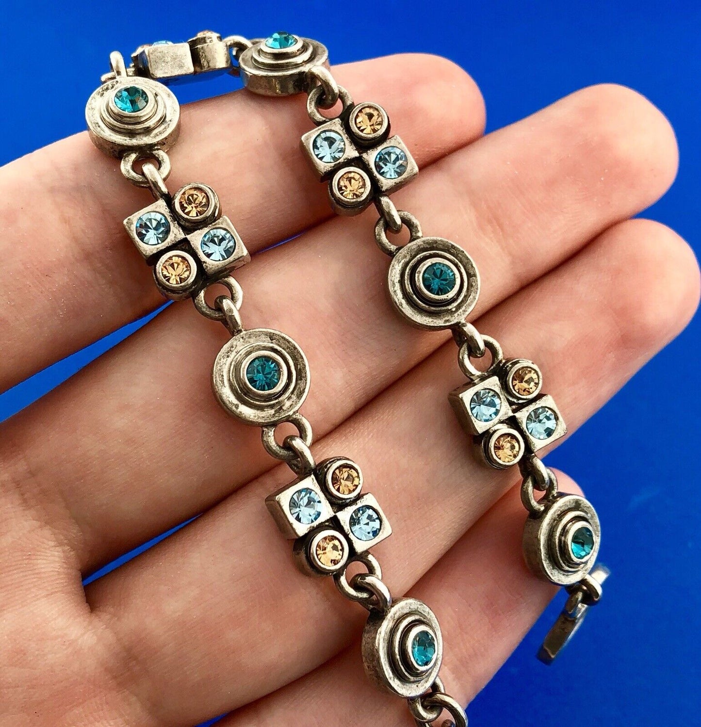 Designer M4M Silver Tone Blue Brown Swarvoski Crystal X O Toggle Bracelet