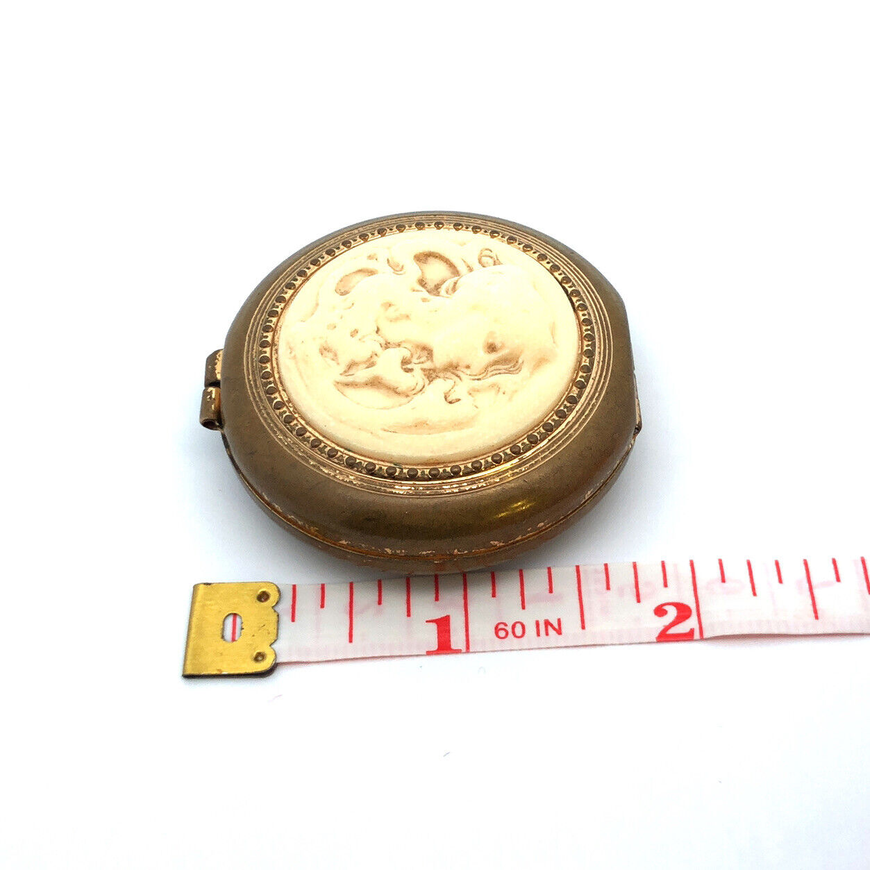 Vintage Estee Lauder Gold Tone Guilloche Carved Cameo Mirror Compact