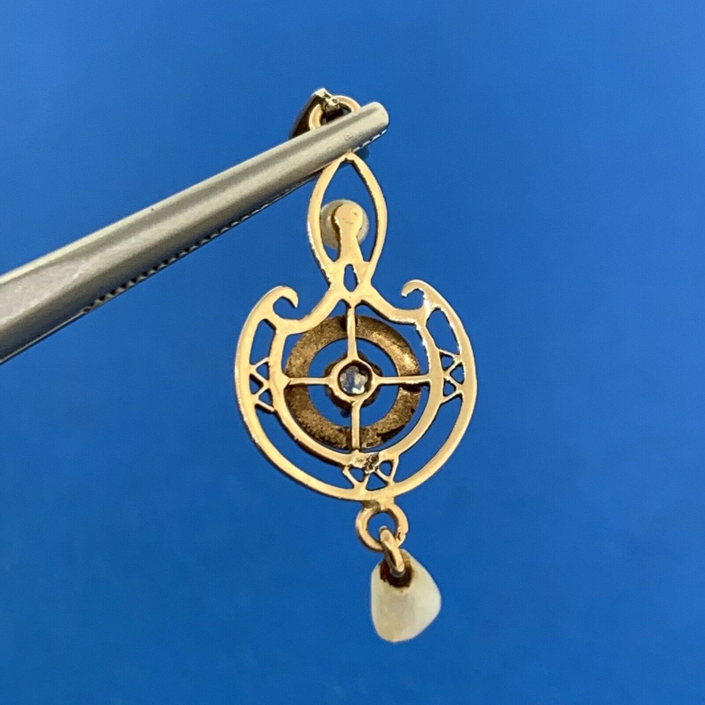 Art Nouveau 10K Yellow Gold Diamond Pearl Black Enamel Drop Dangle Pendant