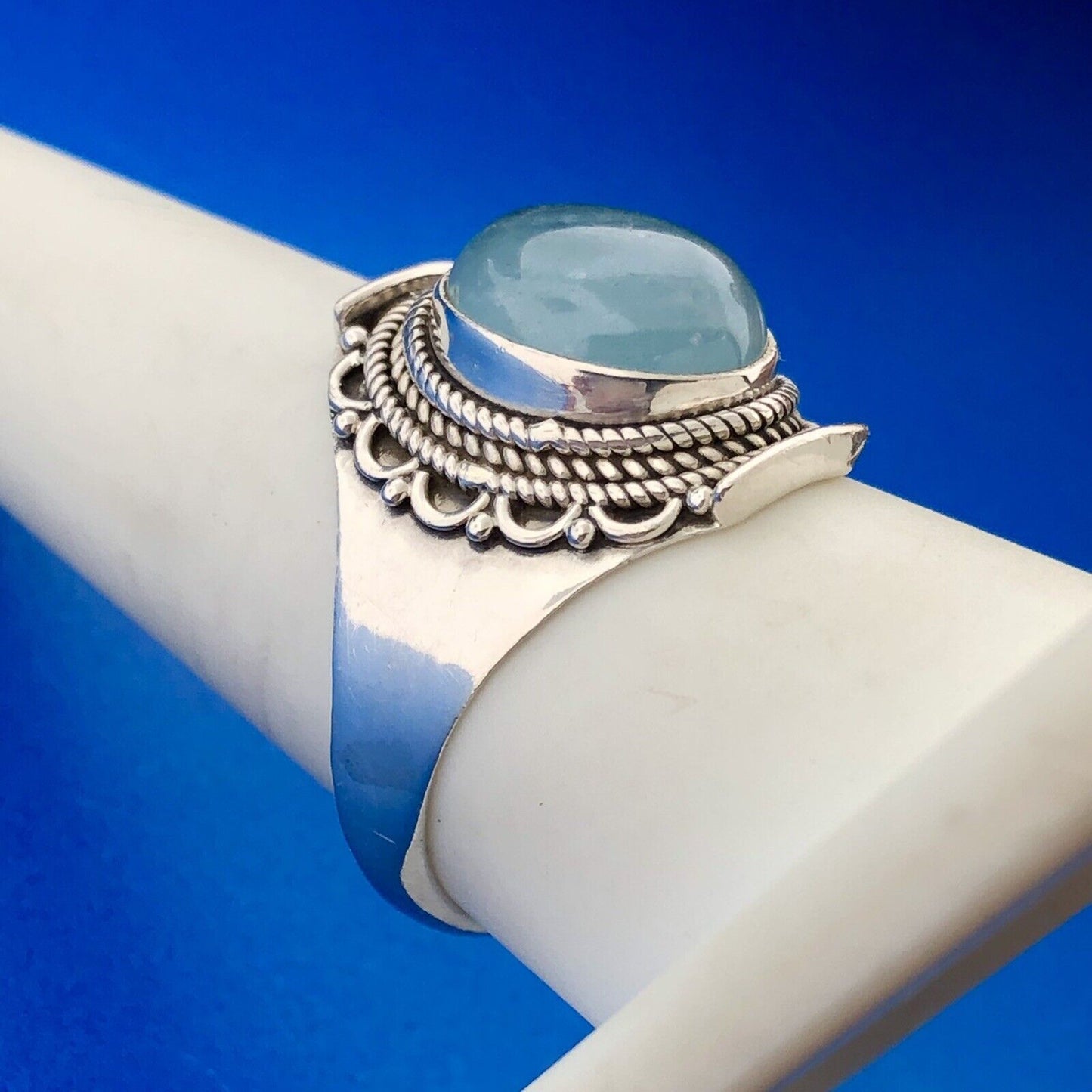 Estate 925 Sterling Silver Oval Blue Opal Filigree Beadwork Finger Ring