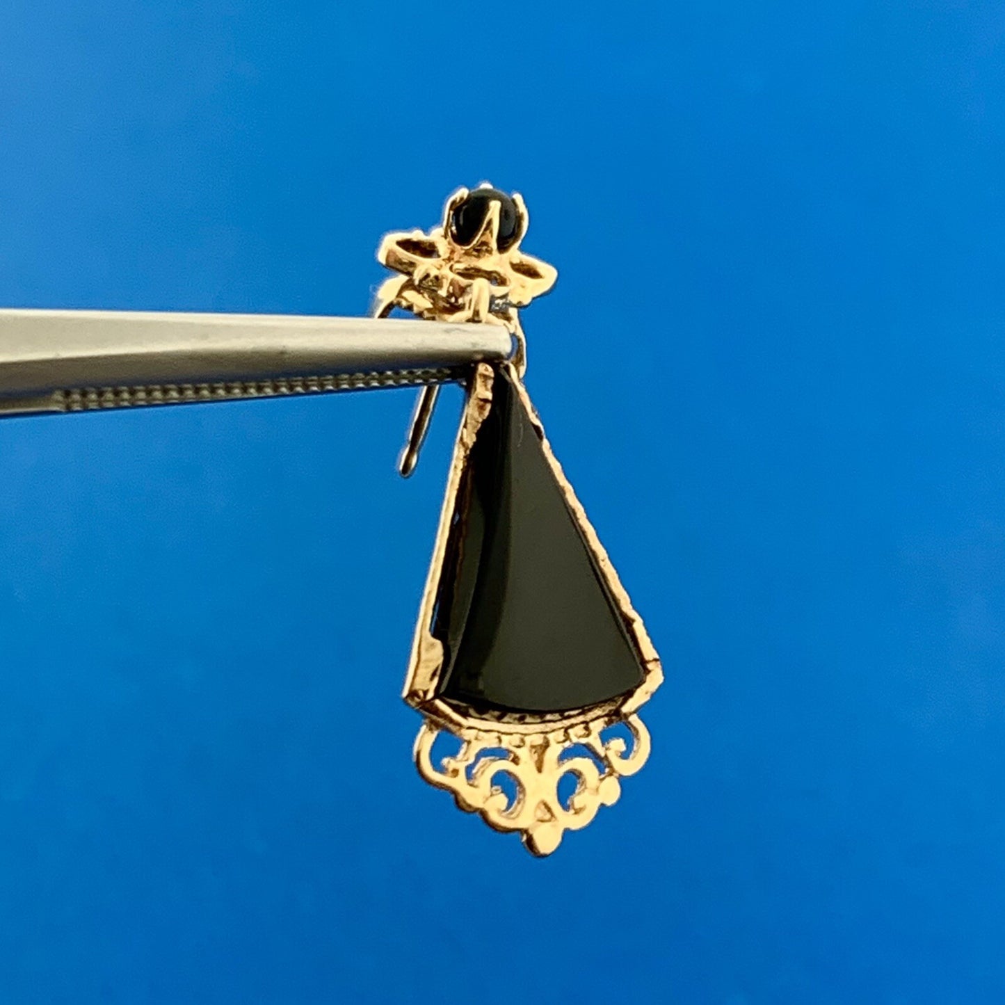 Art Nouveau Art Deco 14K Yellow Gold Black Onyx Scroll Drop Dangle Earrings