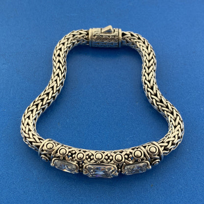 925 Sterling Silver Cubic Zirconia CZ Balinese Style Statement Bracelet