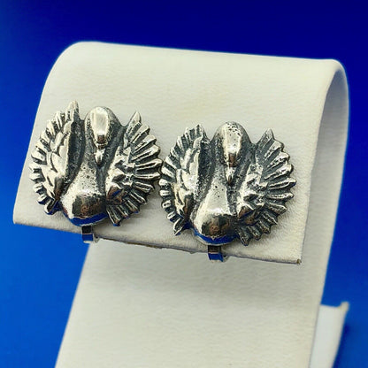 Art Deco Art Nouveau Artisan 925 Sterling Silver Swan Screw Back Earrings