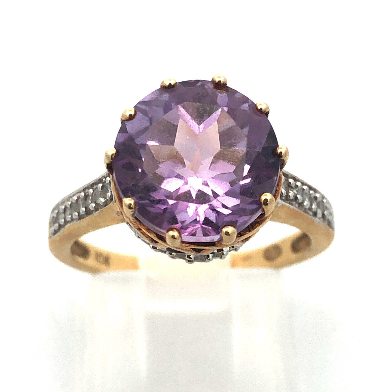 10K Yellow Gold Amethyst Cocktail Solitaire Diamond Accented Statement Ring