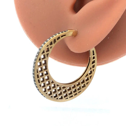 Vermeil 925 Sterling Silver Basket Weave Hoop Cubic Zirconia Border Earrings