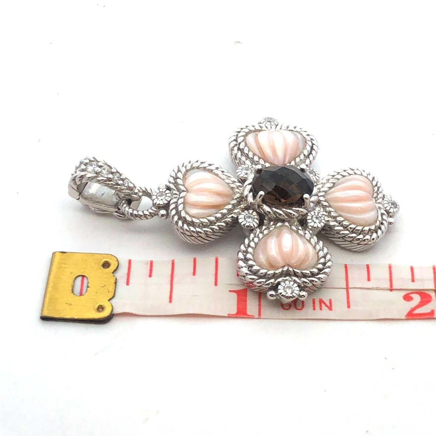 Judith Ripka 925 Sterling Silver CZ Smokey Quartz  Mother of Pearl Cross Pendant