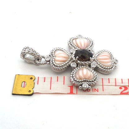 Judith Ripka 925 Sterling Silver CZ Smokey Quartz  Mother of Pearl Cross Pendant