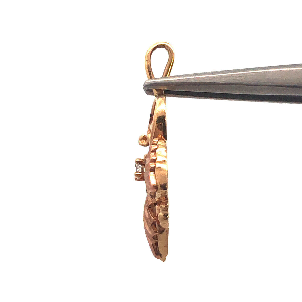 Retro 10K Yellow Rose Gold Two Toned Diamond Vine Grape Leaves Design Pendant