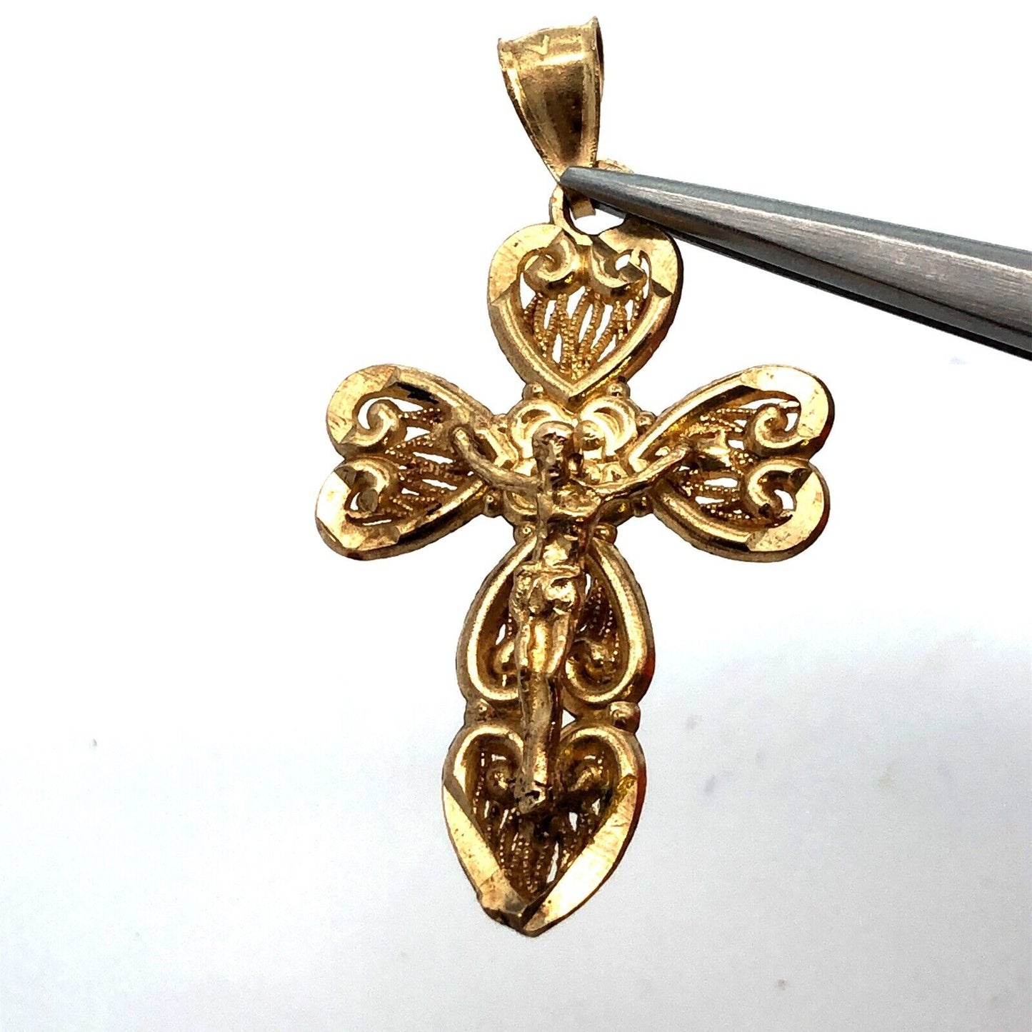 10K Yellow Gold Filigree Cross Crucifix Catholic Gift Religious Pendant