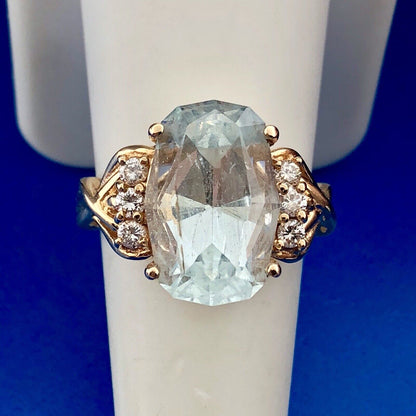 Designer 14K Yellow Gold Blue Topaz Diamond Statement Cocktail Ring Size 8.25
