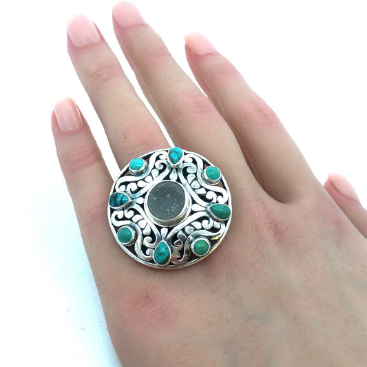 Native American 925 Sterling Silver Turquoise Druzy Quartz Round Statement Ring
