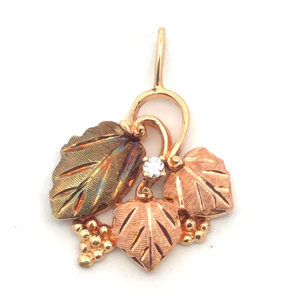Retro 10K Yellow Rose Gold Two Toned Diamond Vine Grape Leaves Design Pendant