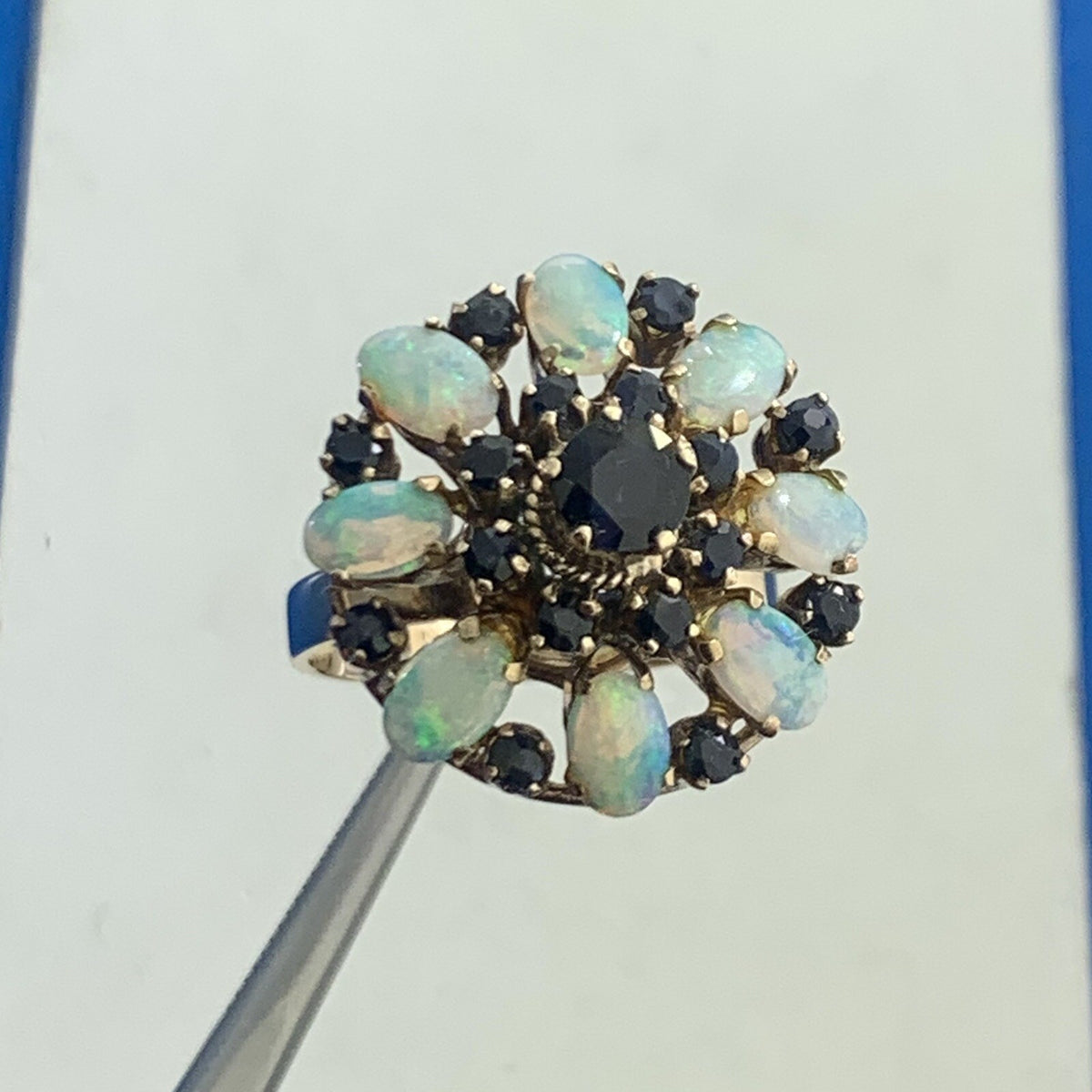 Estate 14K Yellow Gold Sapphire Opal Princess Empire Stacked Dome Cocktail Ring