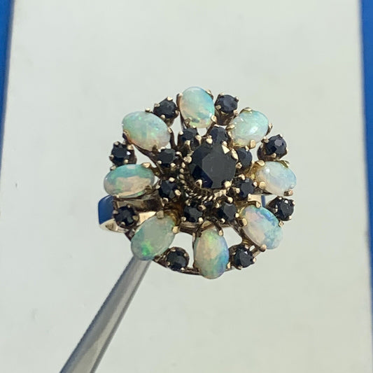 Estate 14K Yellow Gold Sapphire Opal Princess Empire Stacked Dome Cocktail Ring