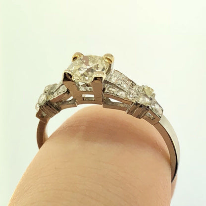 Art Deco Platinum European Mine Cut Diamond Solitaire W/Accents Engagement Ring