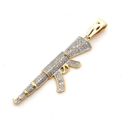 14K Yellow Gold Pave Diamond Rifle Machine Gun Firearm Statement Pendant