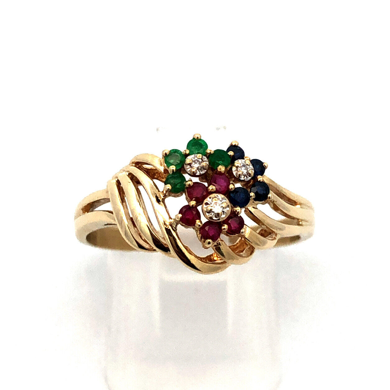 Designer 14K Yellow Gold Sapphire Ruby Emerald Diamond Flower Modernist Ring