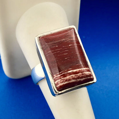Sterling Silver 925 Banded Red Jasper Rectangular Modernist Statement Ring
