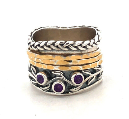 PAZ Creations 925 Sterling Silver Two Tone Amethyst Vine Wide Spinner Band Ring