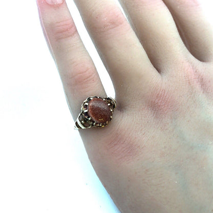 Vintage Estate 14K Yellow Gold Oval Goldstone Cocktail Ring