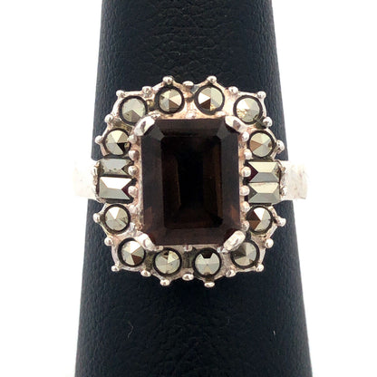Designer 925 Sterling Silver Emerald Cut Smoky Quartz Hematite Halo Accent Ring