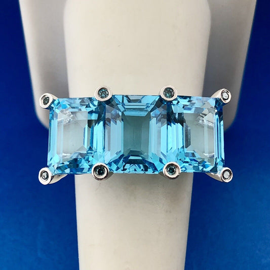 14K White Gold Emerald Cut Swiss Blue Topaz Blue Diamond Accent Size 8 Ring