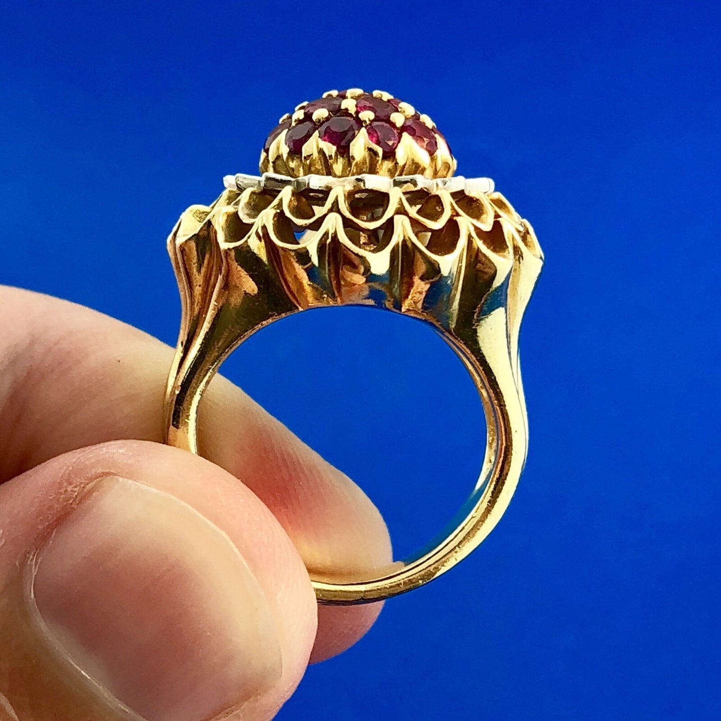 Vintage Artisan 18 Yellow Gold Ruby Diamond Cluster Dome Statement Cocktail Ring