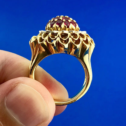Vintage Artisan 18 Yellow Gold Ruby Diamond Cluster Dome Statement Cocktail Ring