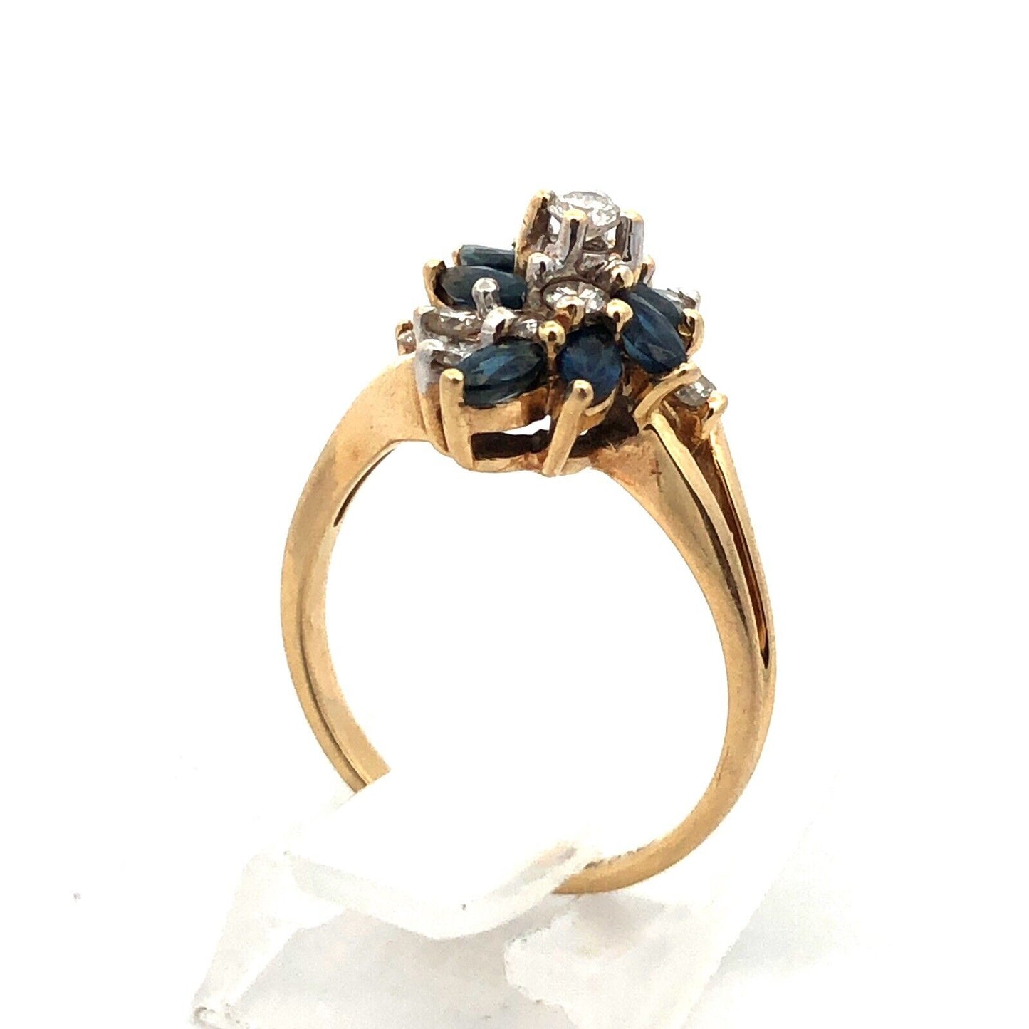 Designer 14K Yellow Gold Diamond Sapphire Wave Waterfall Cluster Cocktail Ring