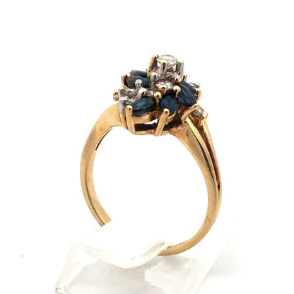 Designer 14K Yellow Gold Diamond Sapphire Wave Waterfall Cluster Cocktail Ring