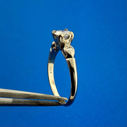 Vintage 14K White Gold Round Diamond Solitaire With Accents Engagement Ring