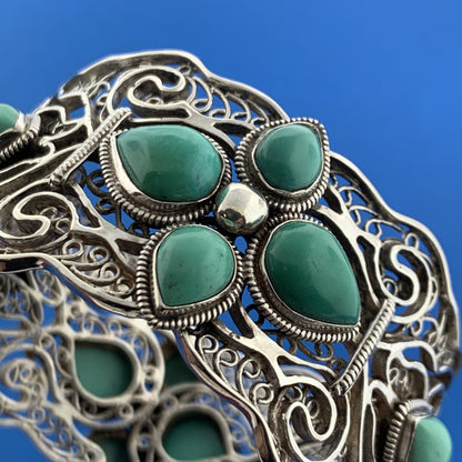Designer Sterling Silver Turquoise Open Filigree Statement Hinged Cuff Bracelet