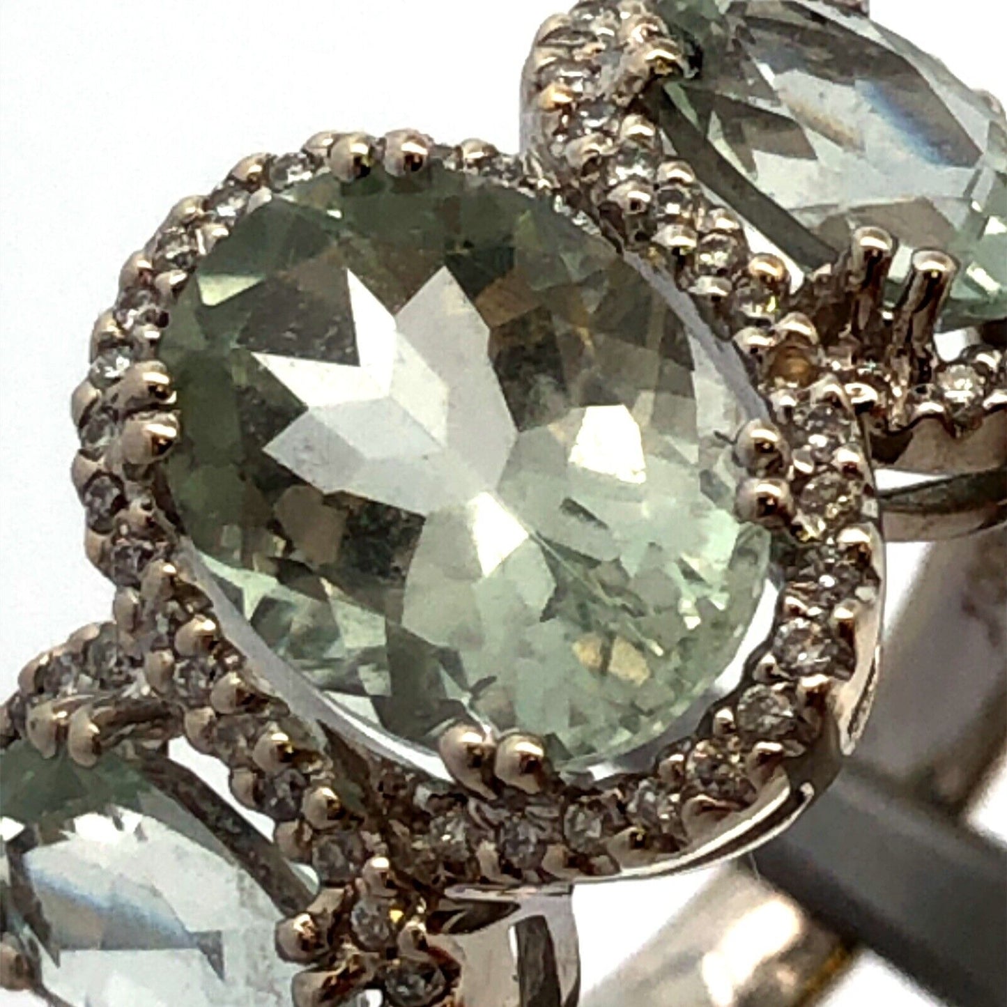 Designer SGC 14K White Gold Oval Green Amethyst Trio Diamond Halo Statement Ring