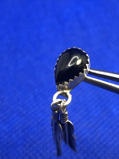 Designer STG 925 Sterling Silver Black Onyx Feather Dangle Drop Stud Earrings