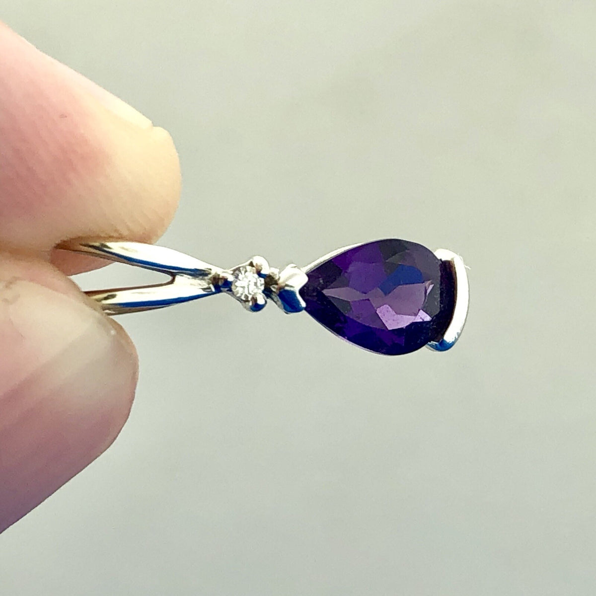 Designer AE 14K White Gold Amethyst Diamond February Occasion Teardrop Pendant