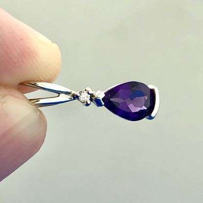 Designer AE 14K White Gold Amethyst Diamond February Occasion Teardrop Pendant
