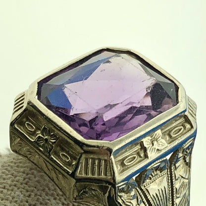 Gorgeous 14k White Gold Radiant Purple Amethyst Floral Pedestal Ring Size 8.25