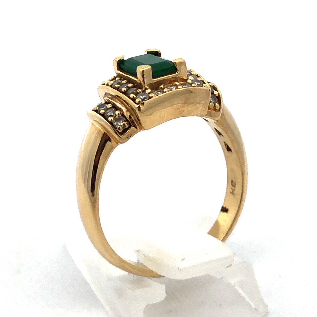 Vintage 14K Yellow Gold Emerald Diamond Halo Statement Cocktail Ring