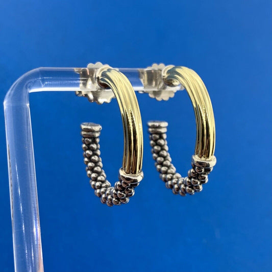 Lagos Caviar 925 Sterling Silver 18K Yellow Gold Two Toned Hoop Earrings