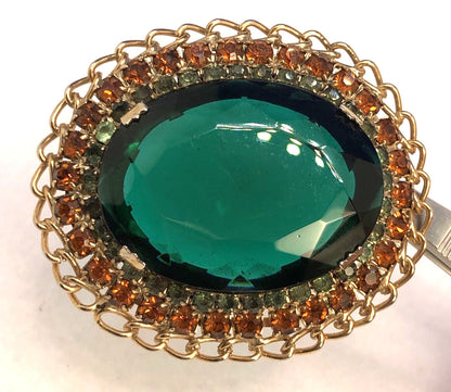 Vintage Gold-Tone Green & Orange Rhinestone Statement Clip Earrings Brooch Set