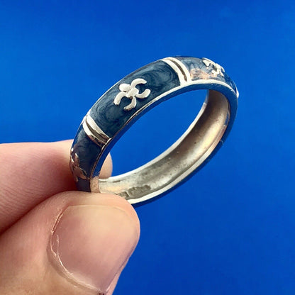 925 Sterling Silver Blue Enamel Fleur De Lis Cigar Band Ring