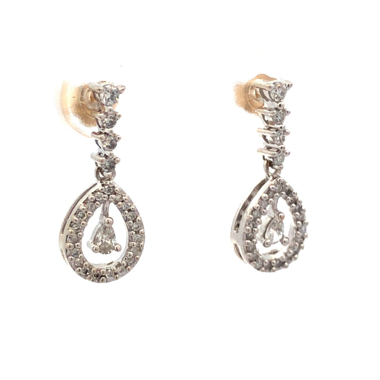 Designer 14K White Gold Pear Round Diamond Dangle Drop Earrings