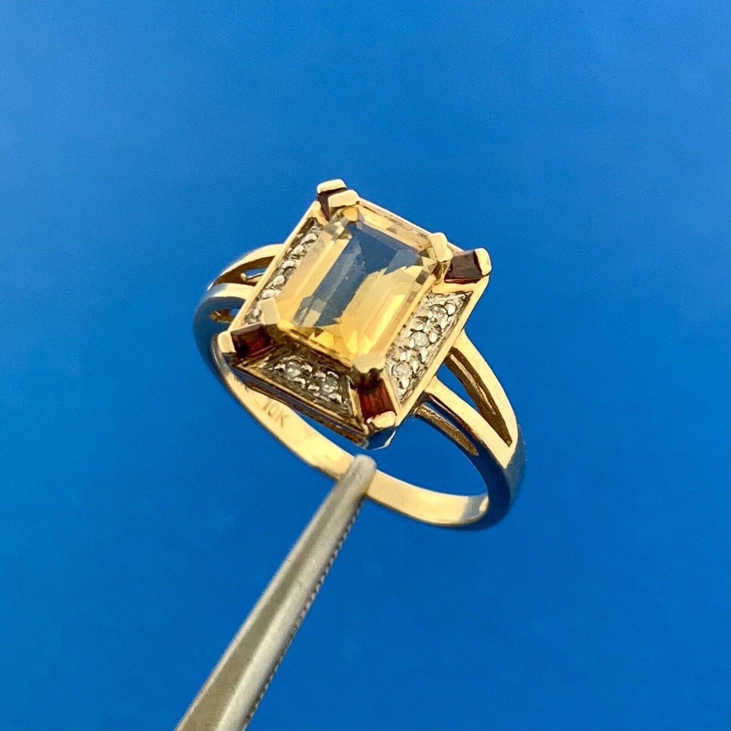 Designer 10K Yellow Gold Citrine Garnet Diamond November Anniversary Ring
