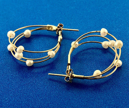Estate JCM 14K Yellow Gold Pearl Station Three Wire Bridal Wedding Hoop Earrings