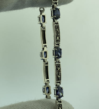 925 Sterling Silver Oval Tanzanite Marcasite Accented Tennis Bracelet